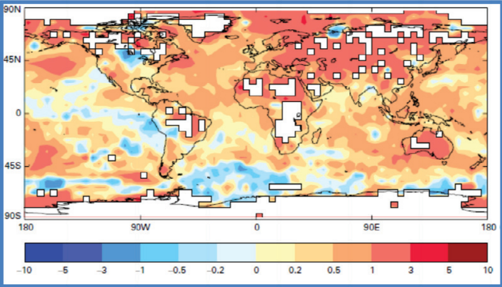 Şekil 1: 2013 yılı İçin 1961-1990 Normallerine Göre Küresel Kara ve Deniz Yüzeyi Sıcaklıkları Anomalileri